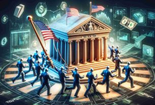 A detailed and realistic representation in high definition of a conceptual scene. It involves a metaphorical representation of an entity called '21Shares' depicted as a group of seasoned financial advisors, leading a charge or a procession. They are energetically moving towards a structure that symbolizes the 'U.S.', perhaps a representation of its flag or iconic landmarks. In their hands, they carry a document that depicts the 'Solana ETF Filing'. Surrounding the scene are elements of finance and blockchain technology.