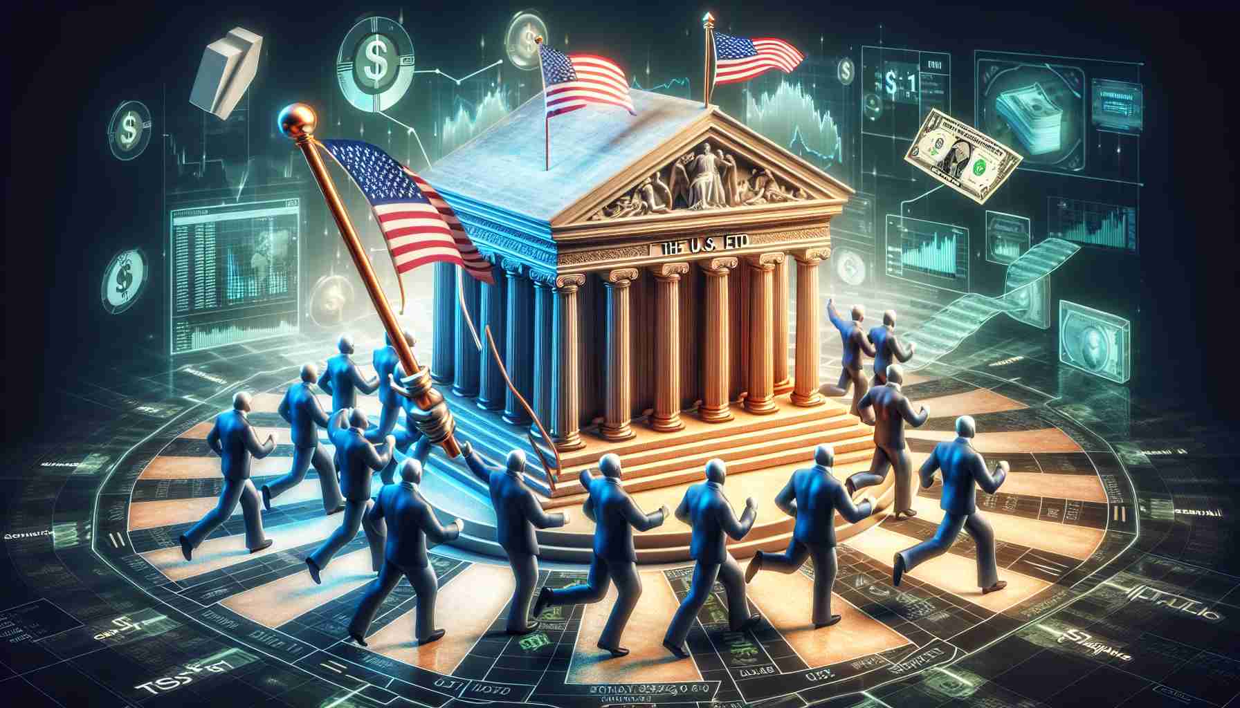 A detailed and realistic representation in high definition of a conceptual scene. It involves a metaphorical representation of an entity called '21Shares' depicted as a group of seasoned financial advisors, leading a charge or a procession. They are energetically moving towards a structure that symbolizes the 'U.S.', perhaps a representation of its flag or iconic landmarks. In their hands, they carry a document that depicts the 'Solana ETF Filing'. Surrounding the scene are elements of finance and blockchain technology.