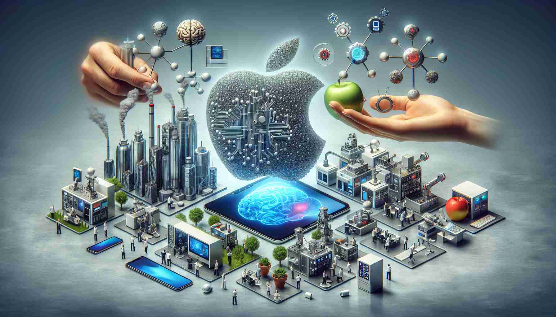 Create a realistic, high-definition image that represents the concept of a renowned tech company engaging with AI startups to enhance device capabilities. The image may feature elements like a symbolic apple, innovative startups represented by small offices or lab environments filled with modern technology, and various device types like smartphones, tablets, laptops. Portray these elements interacting in a metaphorical way, indicating a symbiotic relationship and mutual enhancement of capabilities.