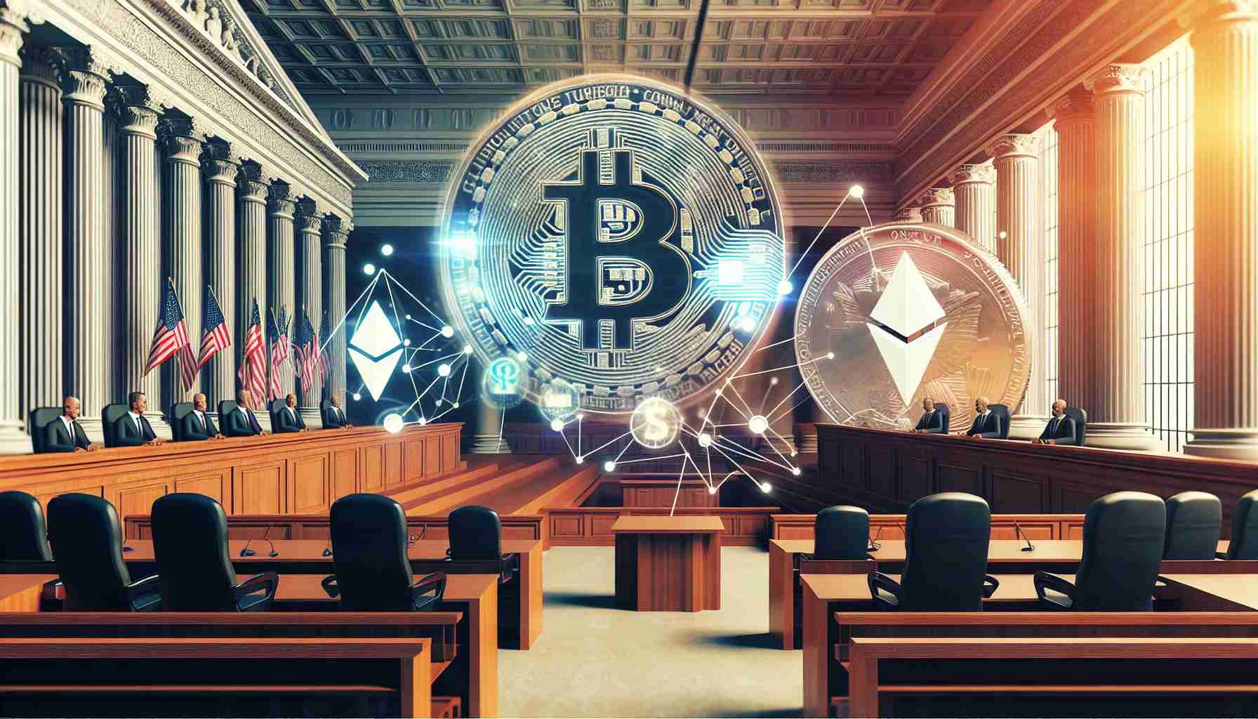 Generate a high-definition, realistic image of a courtroom scene, likely representing a legal battle, with the symbol of blockchain or cryptocurrency prominent in the image, and a generic government building in the background to symbolize U.S regulators. Please include the text 'Initiating Legal Battle Against U.S. Regulators' in the foreground.