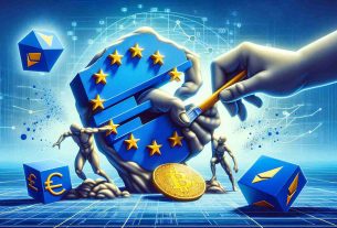 An illustration depicting the transformation of the cryptocurrency landscape by new regulations in the European Union. This scene could feature a metaphorical image of a sculpture in the shape of the EU flag and a digital landscape, with different cryptocurrency symbols like Bitcoin, Ethereum, and Litecoin. The statue could be seen molding or shaping the digital landscape, signifying the influence of regulations. The image needs to have a realistic HD feel to it.