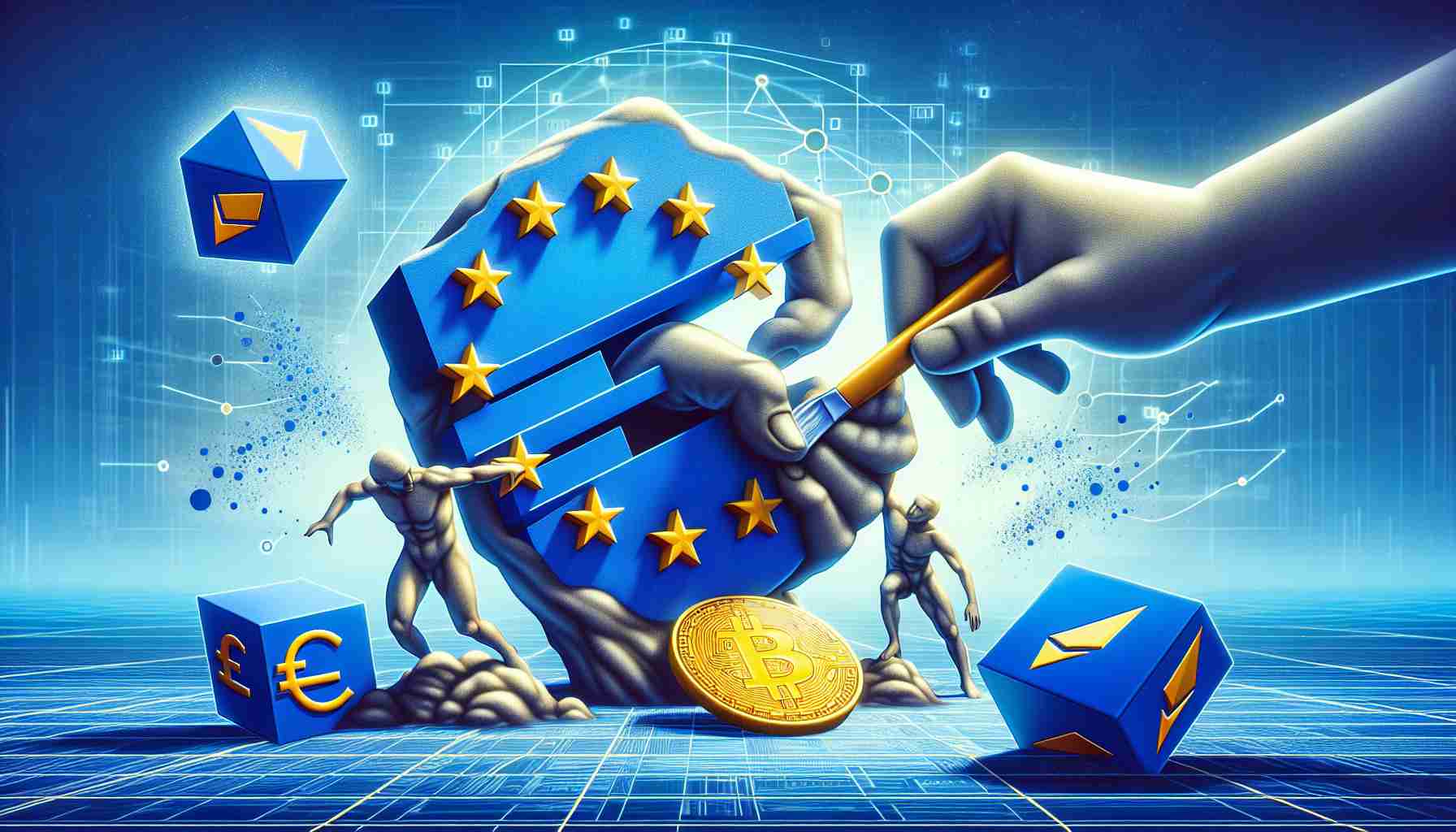 An illustration depicting the transformation of the cryptocurrency landscape by new regulations in the European Union. This scene could feature a metaphorical image of a sculpture in the shape of the EU flag and a digital landscape, with different cryptocurrency symbols like Bitcoin, Ethereum, and Litecoin. The statue could be seen molding or shaping the digital landscape, signifying the influence of regulations. The image needs to have a realistic HD feel to it.