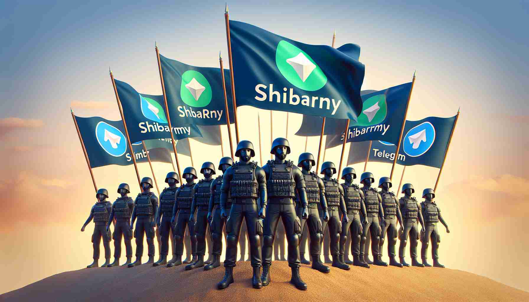 Digital art of a metaphorical depiction of the ShibArmy, depicted as a unified and alert group made up of individuals from various descents and genders, ready to protect against waving flags bearing the logo of Telegram. Making it clear that they are on guard against scams targeting SHIB cryptocurrency holders. The image should look highly realistic and detailed, reminiscent of a high definition photograph.