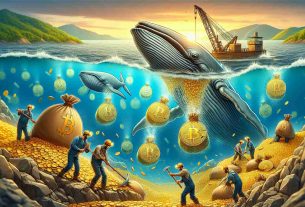 Create an image that metaphorically represents Bitcoin whales and miners initiating a multi-billion dollar sell-off. This should be a large, high-definition photo. Picture a scene where large creatures, symbolic as 'whales,' are depicted offloading bags of golden coins into a vast sea market, implying a massive cryptocurrecy sell-off. Additionally, include miners, shown as hardworking individuals using traditional mining tools to extract these golden coins from a rocky terrain, indicating their contribution to the sell-off. Make the scene appear realistic to convey the seriousness of the event.