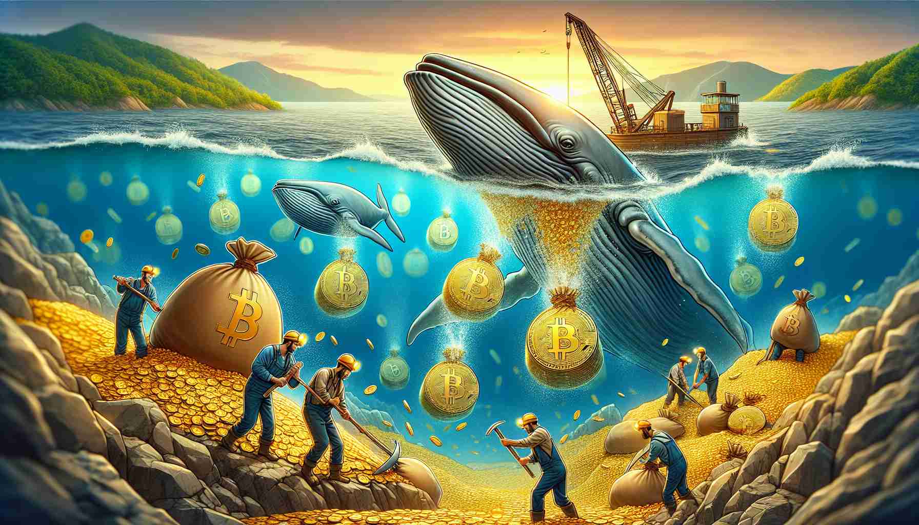 Create an image that metaphorically represents Bitcoin whales and miners initiating a multi-billion dollar sell-off. This should be a large, high-definition photo. Picture a scene where large creatures, symbolic as 'whales,' are depicted offloading bags of golden coins into a vast sea market, implying a massive cryptocurrecy sell-off. Additionally, include miners, shown as hardworking individuals using traditional mining tools to extract these golden coins from a rocky terrain, indicating their contribution to the sell-off. Make the scene appear realistic to convey the seriousness of the event.