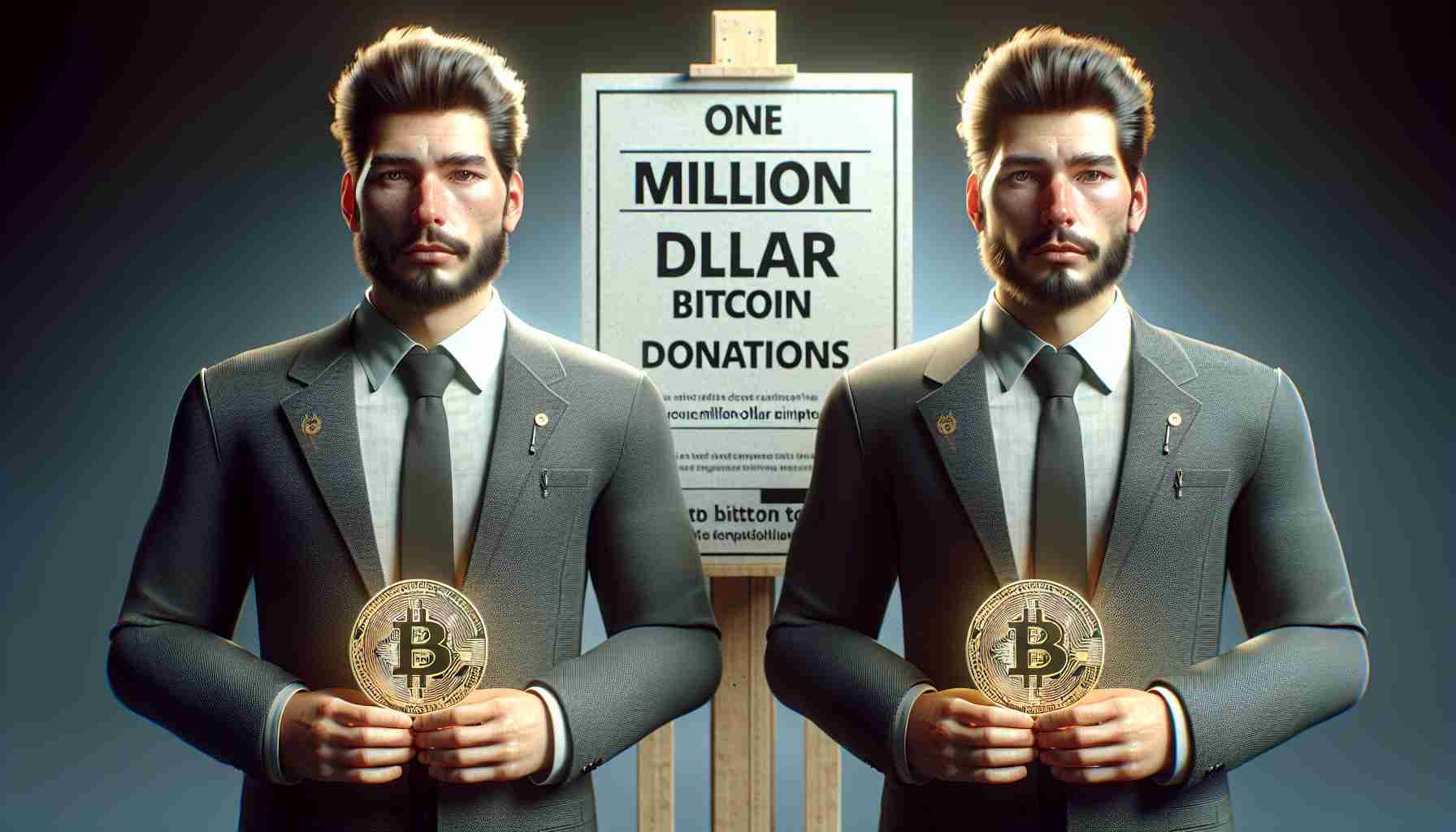 Hyper-realistic, high definition artwork of two identical businessmen, neither of whom are specific individuals but appear to be of Caucasian descent, standing beside a sign reading 'One Million-Dollar Bitcoin Donations'. Each businessman is holding a digital rendering of a Bitcoin. They are exhibiting expressions of determination and support.