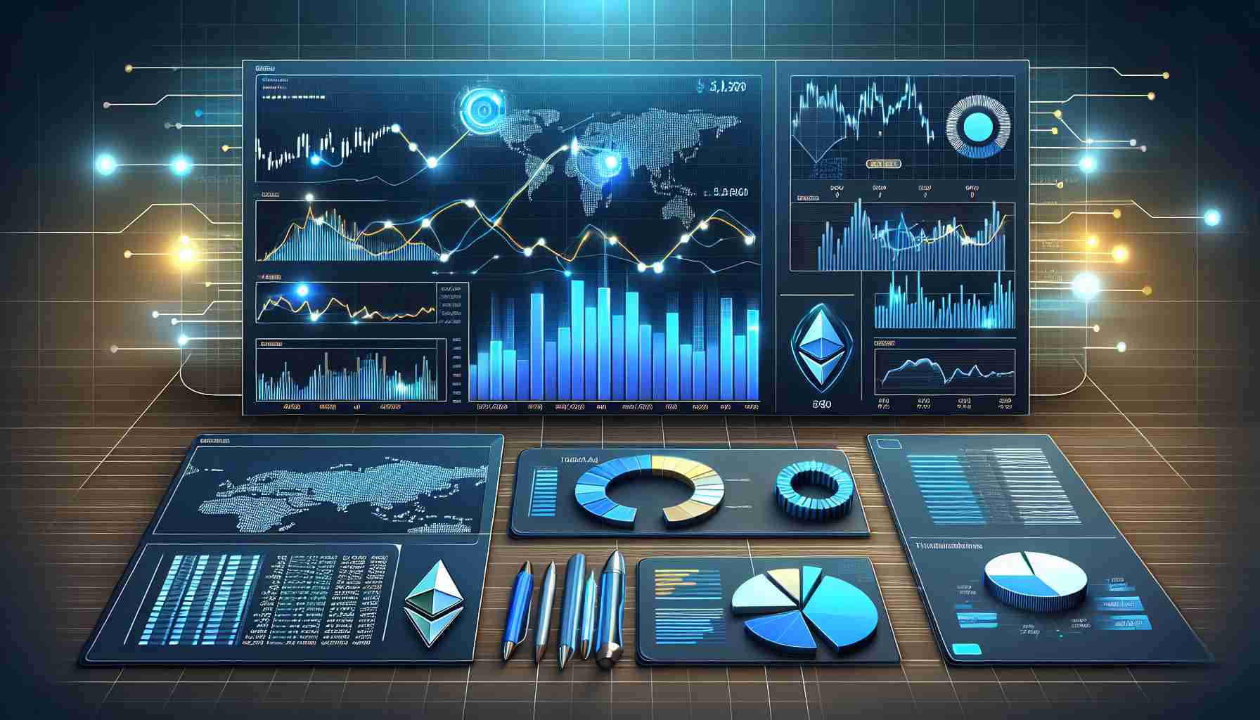 Generate a realistic high-definition image of financial infographics, specifically focusing on the price dynamics of Ethereum. The graphics should analyze the market sentiment, featuring trends, price fluctuations, and other relevant data patterns.