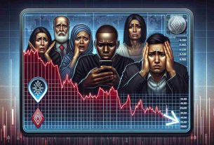 A detailed and realistic high definition image depicting a concept associated with cryptocurrency. Display a chart showing a downward trend, symbolizing the struggle of Cardano's price. The chart plot is filled with red, indicating a drop in prices. Also, show the emotions of a group of diverse investors: a Middle-Eastern woman with a worried look, a Black man scrunching his forehead in concern, and a South Asian man nervously checking his phone.