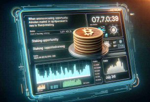 High-definition realistic image depicting the announcement of a new staking opportunity on a digital currency platform, specifically related to pancakes, with a date set on July 3rd. The scene shows a digital screen with texts, graphs, and other visual elements conveying this information.