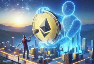 Create a high definition, photorealistic image that symbolizes Ethereum being utilized as collateral in Decentralized Finance (DeFi) leveraging. This activity should be depicted as being performed by a giant figure, metaphorically representing a major player in the crypto industry. Display this interaction in a digital, technological aesthetic, hinting at the complex and futuristic nature of crypto transactions and market strategies.