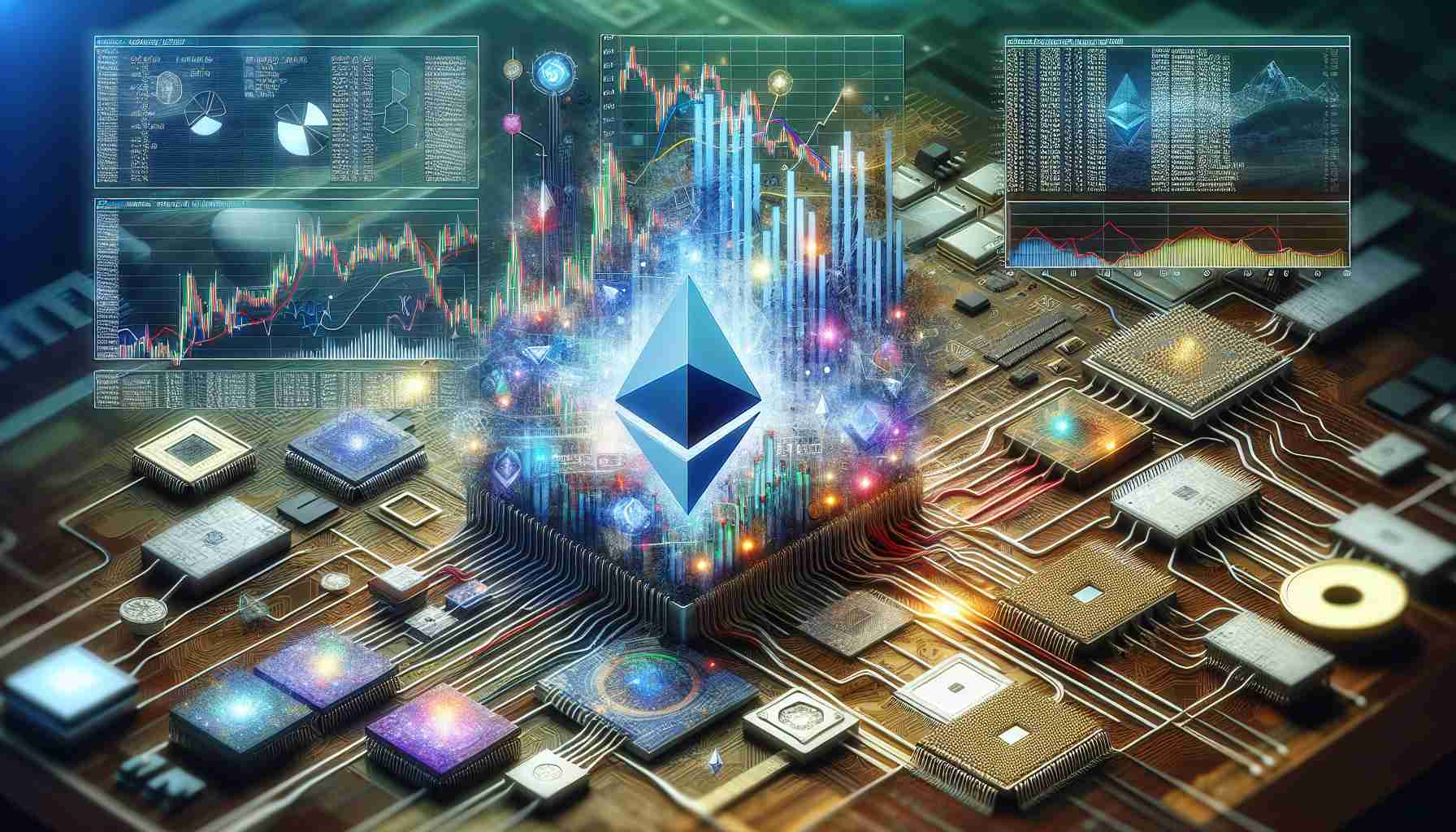 Create a high-definition representation of the scrutinized valuation of Ethereum amid high network value indicators. The image should artistically depict crunching numbers, various charts and statistical data, to represent the immense scrutiny Ethereum is under. Also include elements like network cables, digital code, and processor chips to symbolize the 'network'. Please ensure this image is in a realistic style.