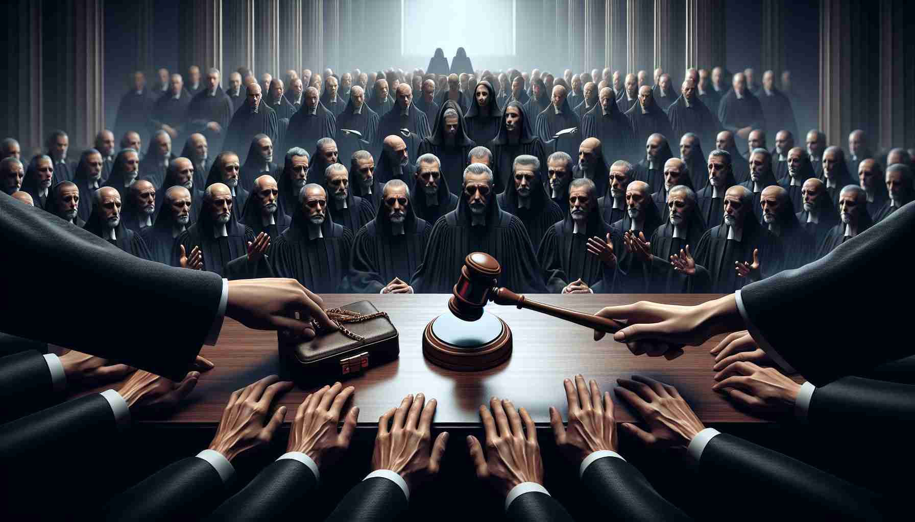 A hyper-realistic high-definition illustration representing a judicial setting where important decisions are made, focusing on a key event likely signifying the overturning of a long-standing precedent related to agency authority. The image should capture the gravity and seriousness of the situation. The centerpiece could be a tended gavel or an important document being handed over. Surrounding the centerpiece, there should be somber-faced judges in their traditional black robes, symbolizing the weight of their responsibility. Please avoid specific people or identifiable physical characteristics.