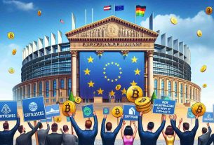 A realistic, high-definition image of a grand legislative building symbolizing European Parliament. A banner is displayed in front of the building announcing new policies encouraging growth of crypto-assets. In the foreground, a variety of individuals are seen expressing joy and optimism, holding various crypto-related logos or indications.