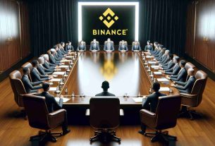 A realistic, high-definition image of a formal meeting of a Blockchain Committee in Nigeria. The setting includes a long, polished wooden table with chairs, filled with individuals of various genders and descent, focused on a large projector screen displaying the Binance logo. Everyone is engaged in a serious discussion, evidencing an attempt to resolve a dispute.