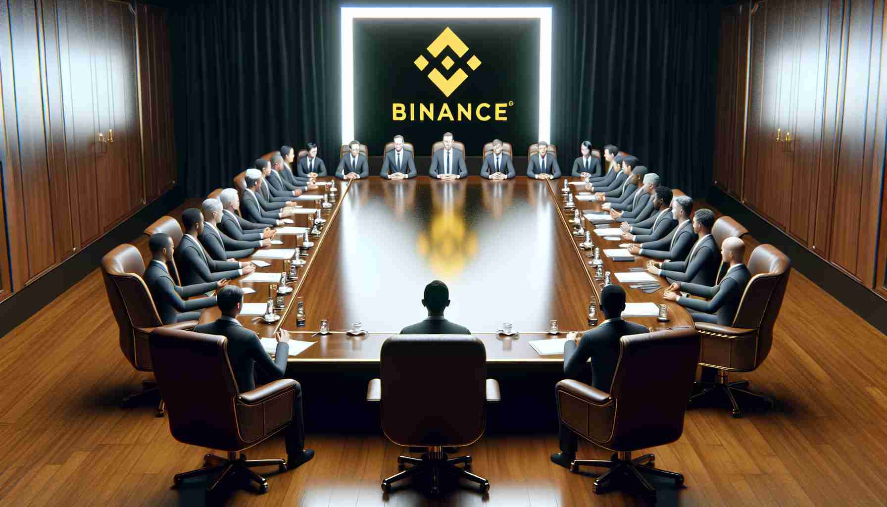 A realistic, high-definition image of a formal meeting of a Blockchain Committee in Nigeria. The setting includes a long, polished wooden table with chairs, filled with individuals of various genders and descent, focused on a large projector screen displaying the Binance logo. Everyone is engaged in a serious discussion, evidencing an attempt to resolve a dispute.