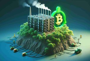 A high-definition, realistic photograph that visualizes the environmental impact of Bitcoin according to concerns raised by environmental organizations. The image might comprise elements such as an exaggerated computer rigs mining bitcoin leading to deforestation and pollution understated by a green-colored alarm symbol that signifies Greenpeace's involvement.