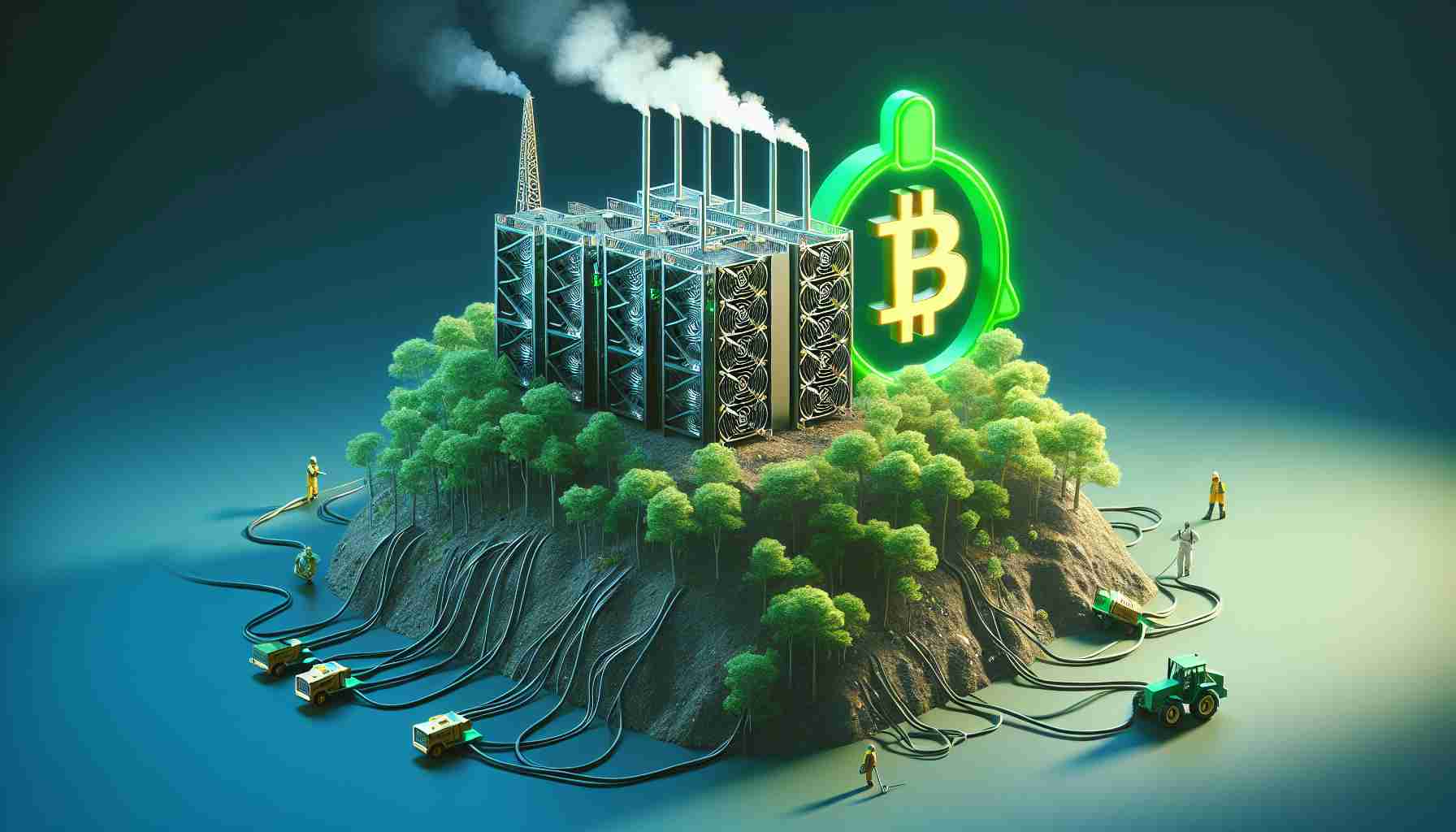 A high-definition, realistic photograph that visualizes the environmental impact of Bitcoin according to concerns raised by environmental organizations. The image might comprise elements such as an exaggerated computer rigs mining bitcoin leading to deforestation and pollution understated by a green-colored alarm symbol that signifies Greenpeace's involvement.