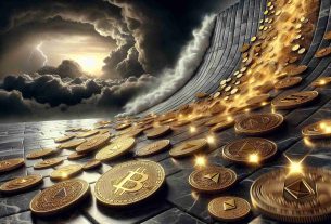 Create a detailed realistic high-definition image depicting the shift in cryptocurrency values. Illustrate this metaphorically by showing a variety of antique golden coins rolling down a slope, each coin engraved with different patterns and symbols to represent different types of cryptocurrencies. The slope is steep and made of shiny marble. On the skyline, there's a storm brewing, symbolising the volatile nature of the market. The coins sparkle despite the dark clouds, indicating potential for recovery after the downward adjustment. The setting is an ancient Roman marketplace to represent the timeless nature of trading and economics.