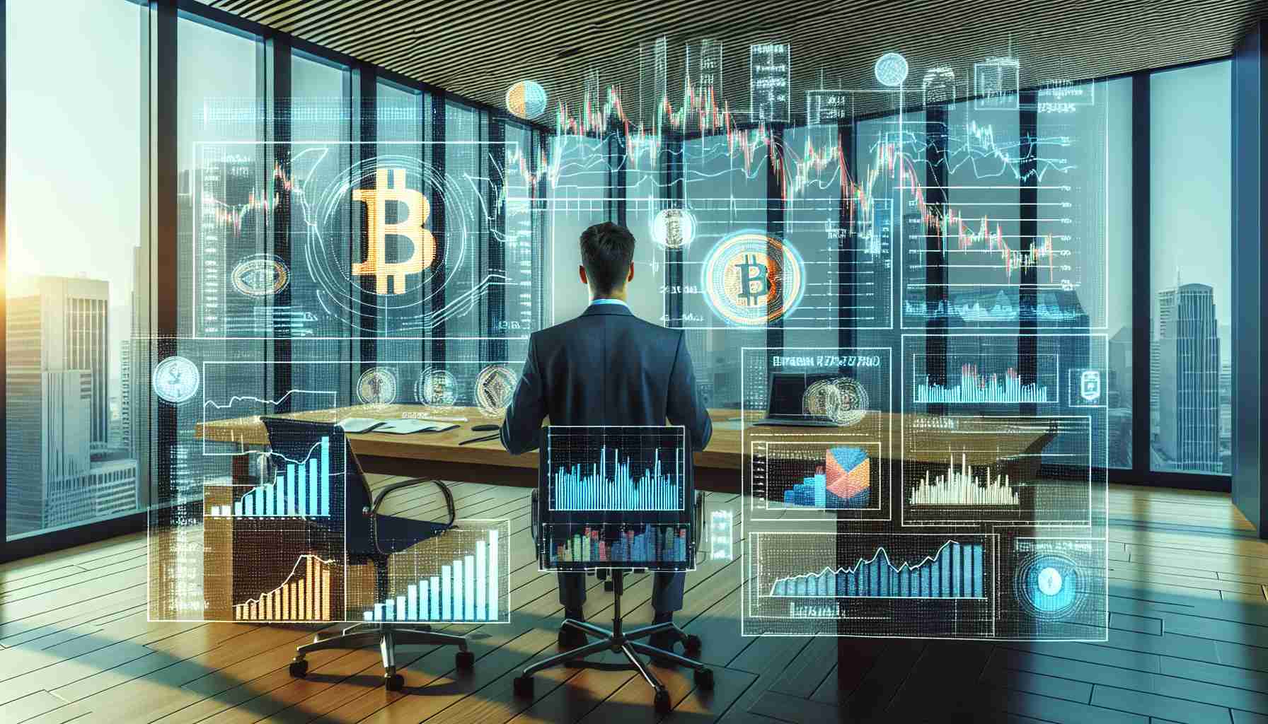 A high-resolution photo realism style image depicting a detailed analysis of Bitcoin's sell-off trends. The picture contains a set of bar graphs, line graphs, charts, and numerical data being observed and analyzed by an unrecognizable, professional financial analyst. Certain parts of the diagrams are highlighted with bright colors to denote a particular observation or trend. In the background, there is a generic office scenery having a wooden desk and a large panoramic window with a cityscape view. All elements are factually accurate and provide an in-depth overview of Bitcoin's sell-off trends. Please note that no specific person, such as Willy Woo, is being depicted in this scene.