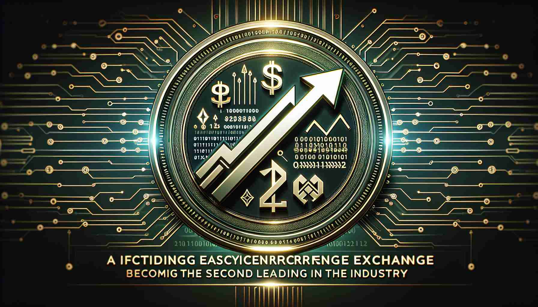 A high-definition, realistic image of the logo of a fictional ascending cryptocurrency exchange becoming the second leading in the industry, with sleek lines, bold typography, and distinctive, modern digital graphics. Include symbols associated with financial growth such as arrows pointing upwards and elements denoting digitization such as binary code or circuit patterns. The color scheme should be related to money and wealth, incorporating shades of green and gold.