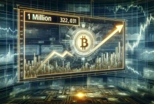 A highly detailed, realistic illustration showing a projecting graph that highlights Bitcoin's value increasing overtime against the backdrop of a futuristic digital financial landscape, such as a tech-driven stock exchange or trading platform. The focal point of the image is a prominent, well-lit billboard displaying '1 Million' at the top while the year '2033' is equally emphasized at the bottom. This visual metaphor represents prevalent speculations about Bitcoin's potential ascent to the 1 Million dollar mark by the year 2033.