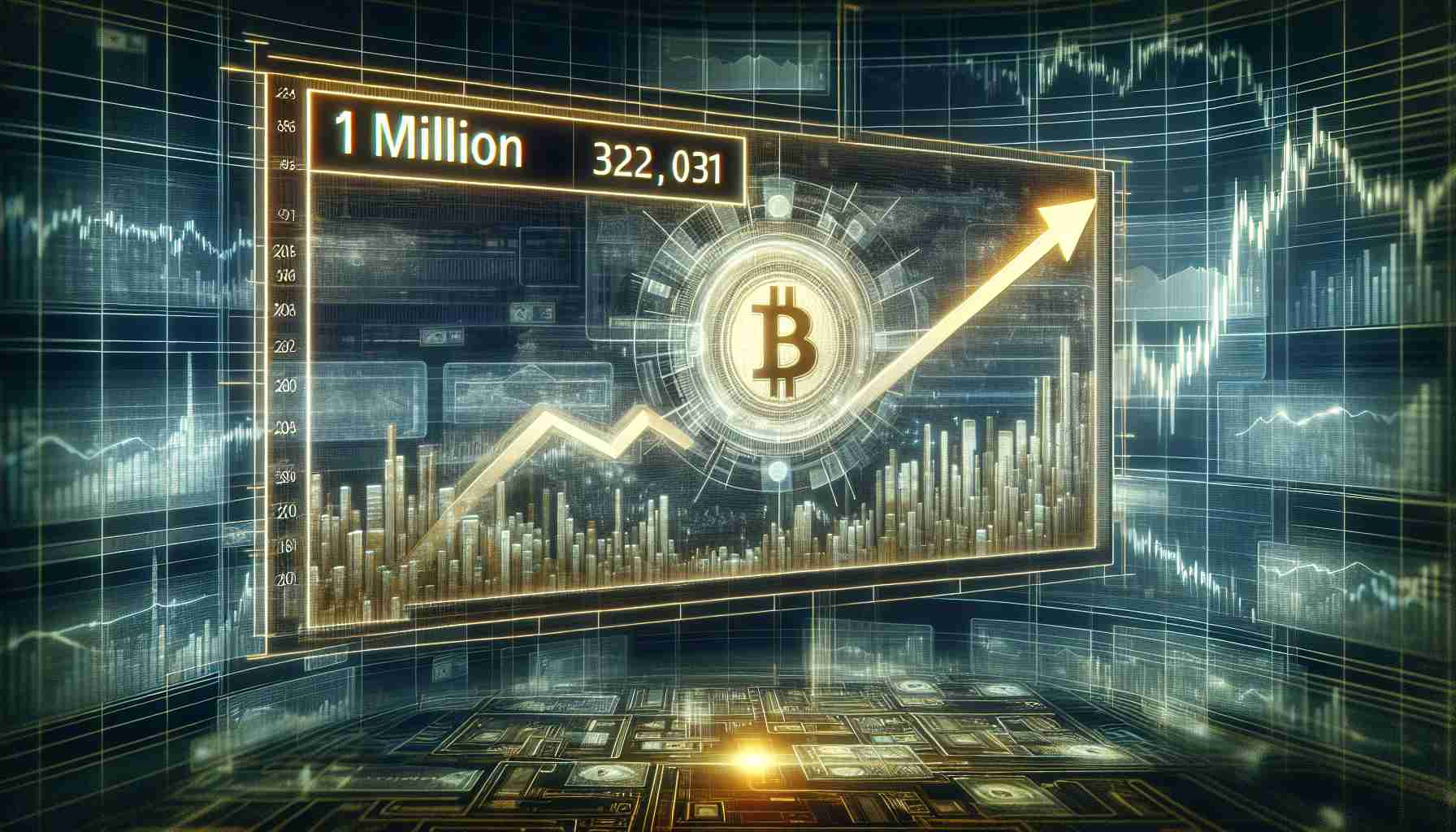 A highly detailed, realistic illustration showing a projecting graph that highlights Bitcoin's value increasing overtime against the backdrop of a futuristic digital financial landscape, such as a tech-driven stock exchange or trading platform. The focal point of the image is a prominent, well-lit billboard displaying '1 Million' at the top while the year '2033' is equally emphasized at the bottom. This visual metaphor represents prevalent speculations about Bitcoin's potential ascent to the 1 Million dollar mark by the year 2033.