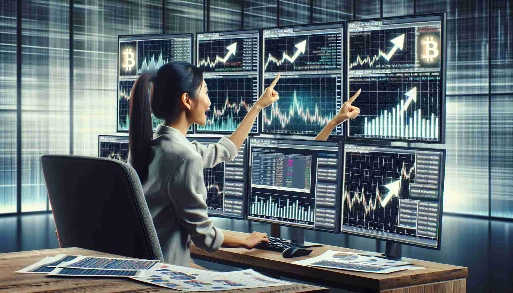 Create a realistic high-definition image of an analyst of South Asian descent, female, studying patterns and trends on multiple computer screens. The information shown on the screens illustrates a bullish trend in a hypothetical meme-style cryptocurrency related to 'Solana'. The analyst should be in a modern office environment, surrounded by charts and graphs displayed on the screens. She should behave focused and excited, possibly pointing to a dynamic uptrend line on one of the graphs.