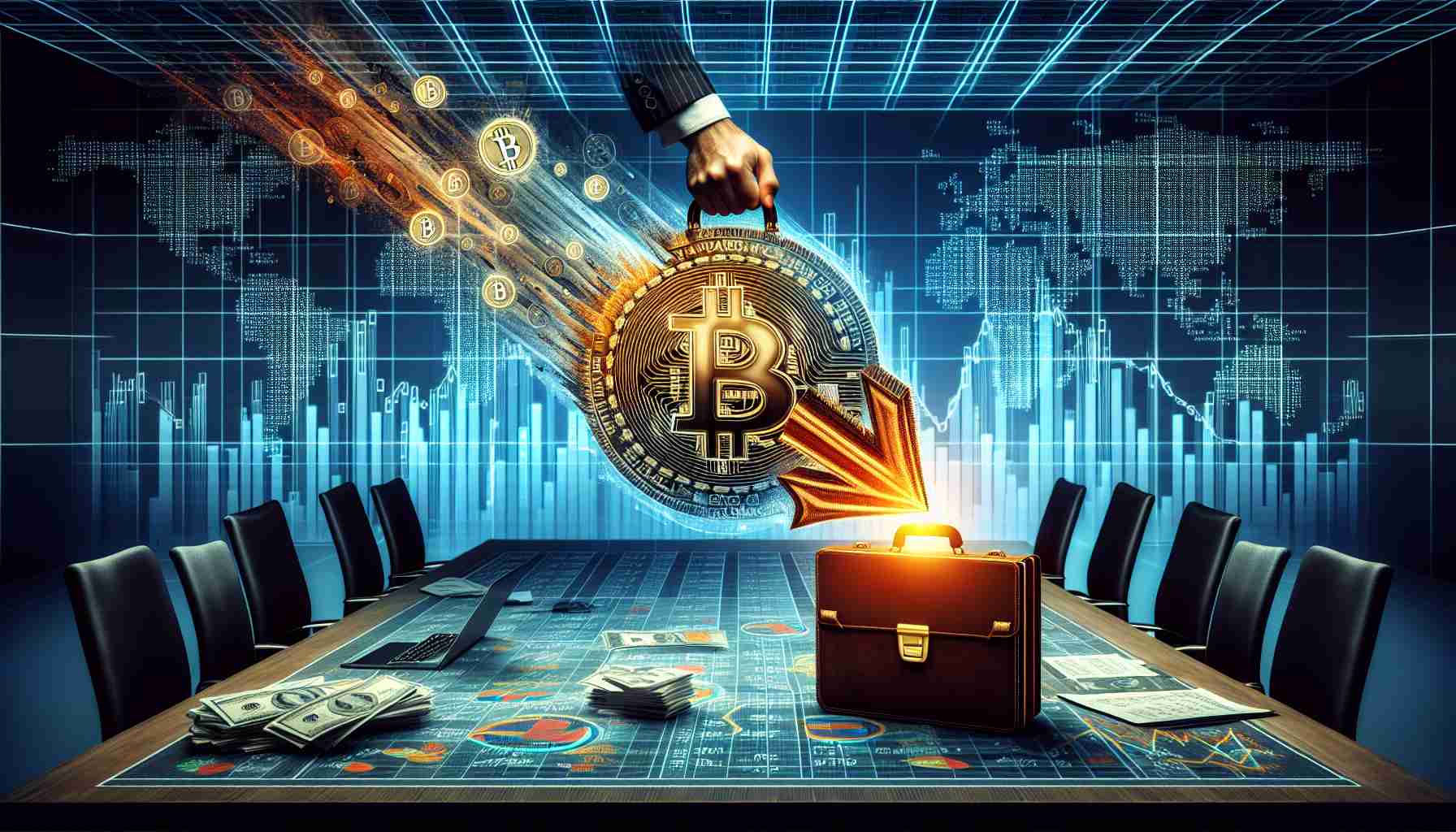 A highly detailed image illustrating a metaphorical representation of a Bitcoin market experiencing a heavy sell-off. Include graphical elements symbolizing Bitcoin, such as Bitcoin logos and a digital price chart with a downward trend. Incorporate visuals of an ETF withdrawal, perhaps an image of a briefcase with papers flying out or a hand pulling away a share. The setting should be a trading floor ambiance or a digital landscape to signify the digital nature of cryptocurrency.