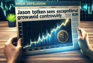 An high definition image depicting the rise of a once controversial digital currency, named JASON. The chart should show the impressive growth trajectory of the token. Alongside the graph, there is a headline reading 'JASON Token Sees Exceptional Growth Amidst Controversy'.