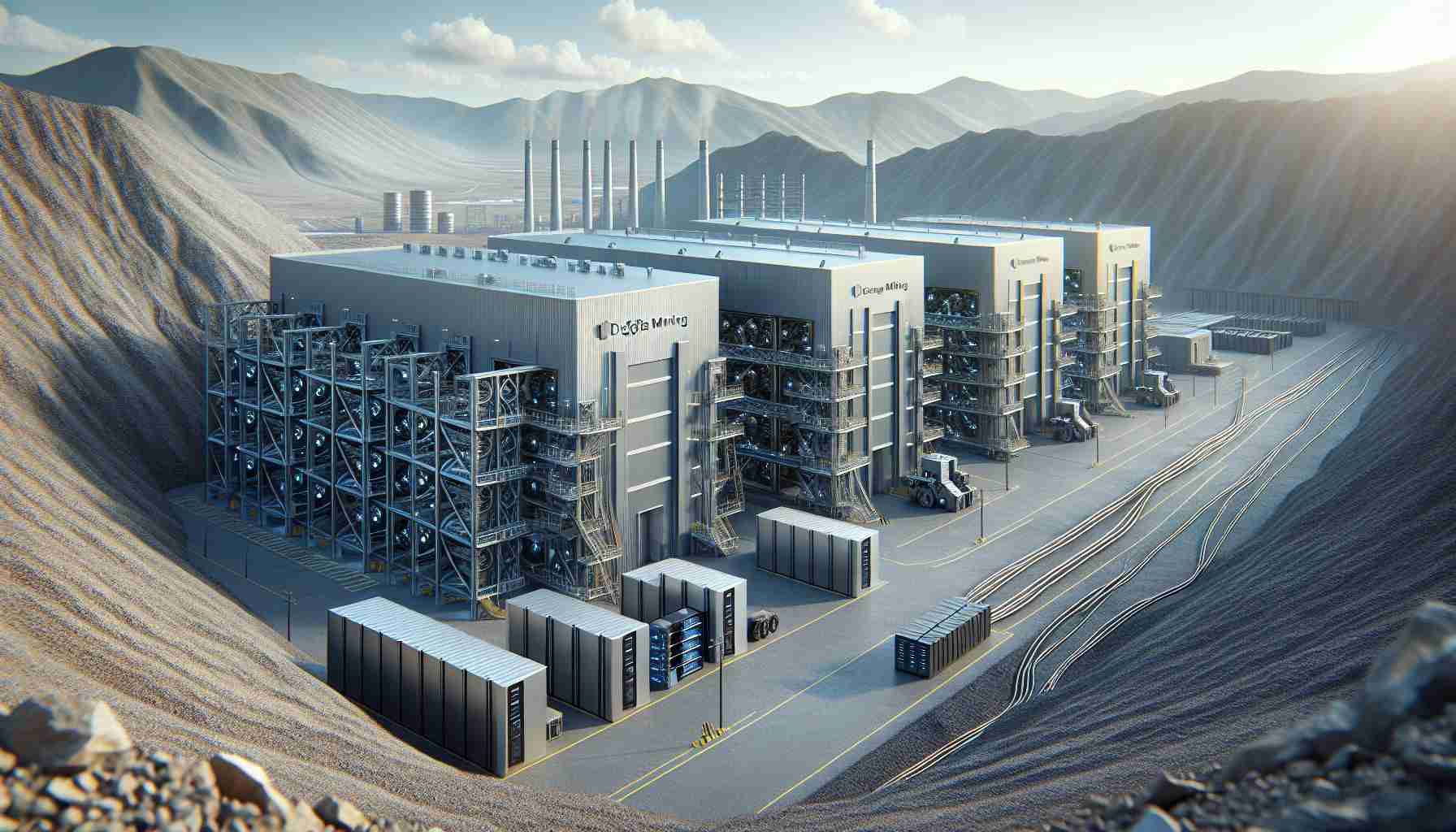 Realistic HD photo of an expansive mining operation by a fictional digital holdings company. The facilities include several large, grey-colored industrial warehouses set in a vast landscape with a strong natural light. Adjacent to these warehouses, additional mining equipment can be seen. There are also visible network cables and high-tech servers hinting at a digital operation. The background displays a mountain range under a clear blue sky. For context, there is a sign that reads 'Kaspa Mining' at the entrance of the site.