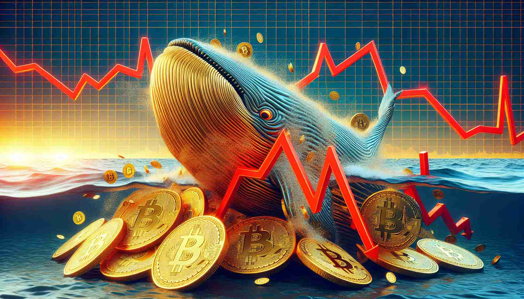 An high-definition image illustrating the concept of 'Bitcoin Whales' exhibiting caution and reducing risk on cryptocurrency derivatives exchanges. Depict an imposing whale made entirely of golden Bitcoins, surfacing cautiously from the digital sea against a backdrop of plummeting red line graphs symbolizing the decline in market volatility.