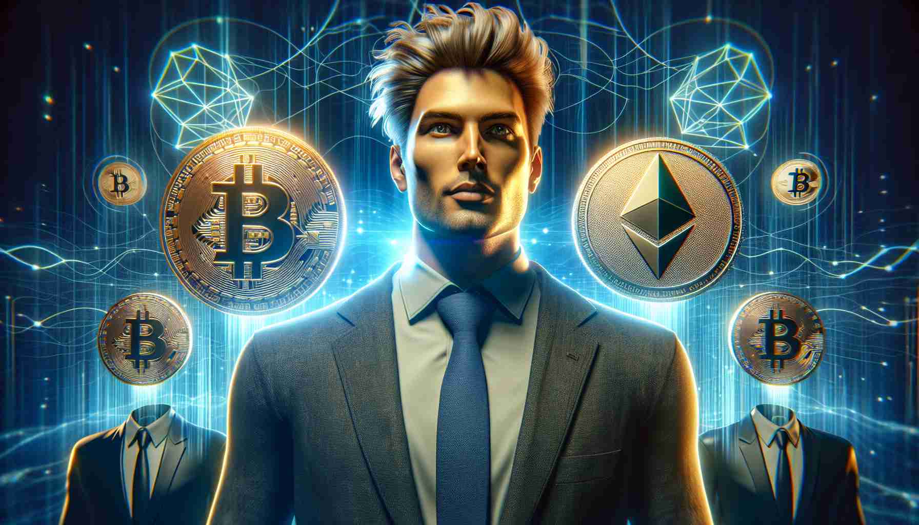 A high-definition, photorealistic image depicting a public figure who is known for his business ventures, with distinctive hairstyle and unique tan complexion, standing near symbols associated with cryptocurrency, such as Bitcoin and Ethereum logos. The scene radiates a sense of strong support coming from unspecified locations, giving an impression of widespread enthusiasm towards digital currency. Please do not include any personal identifiers or features unique to this individual. Ensure that the image conveys the idea of substantial support for cryptocurrency, not the individual.