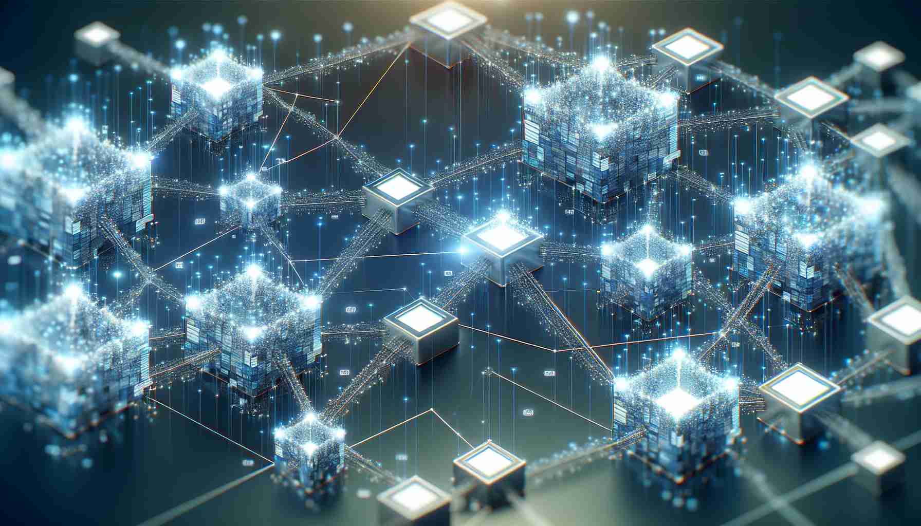 Realistic high definition image showcasing the concept of an open network that employs blockchain technology. It is represented as a digital structure facilitating millions of messages, like those common in messaging apps. This digital structure is shown as a complex network of nodes and data blocks, with messages represented as varying sizes of packets flowing within the network. The image emphasizes on the empowerment of the users in this system.