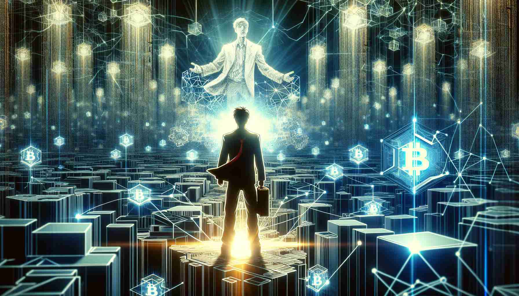 A high-definition, realistic image that portrays the era of blockchain and how it has integrated with webtoons. Picture a scene where a solo webtoon character, exuding an aura of unlimited power, is in the center. Around him, a maze of intricate blockchain connections rise, pulsating with data and cryptocurrency codes. The atmosphere shimmers with the possibilities of innovation and technological advancements.