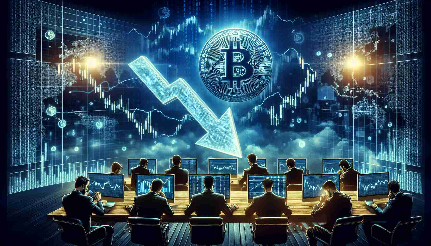 Create a high-definition, realistic image that portrays the concept of investors seizing an opportunity to buy Bitcoin during a market dip amidst uncertainty. This could include imagery such as a large, glowing Bitcoin symbol, a downward pointing arrow indicting a dip in the market, and various anonymous individuals representing investors engrossed in scrutinizing charts on computer screens, showing signs of focus, determination, and study. The atmosphere should exude tension and excitement.