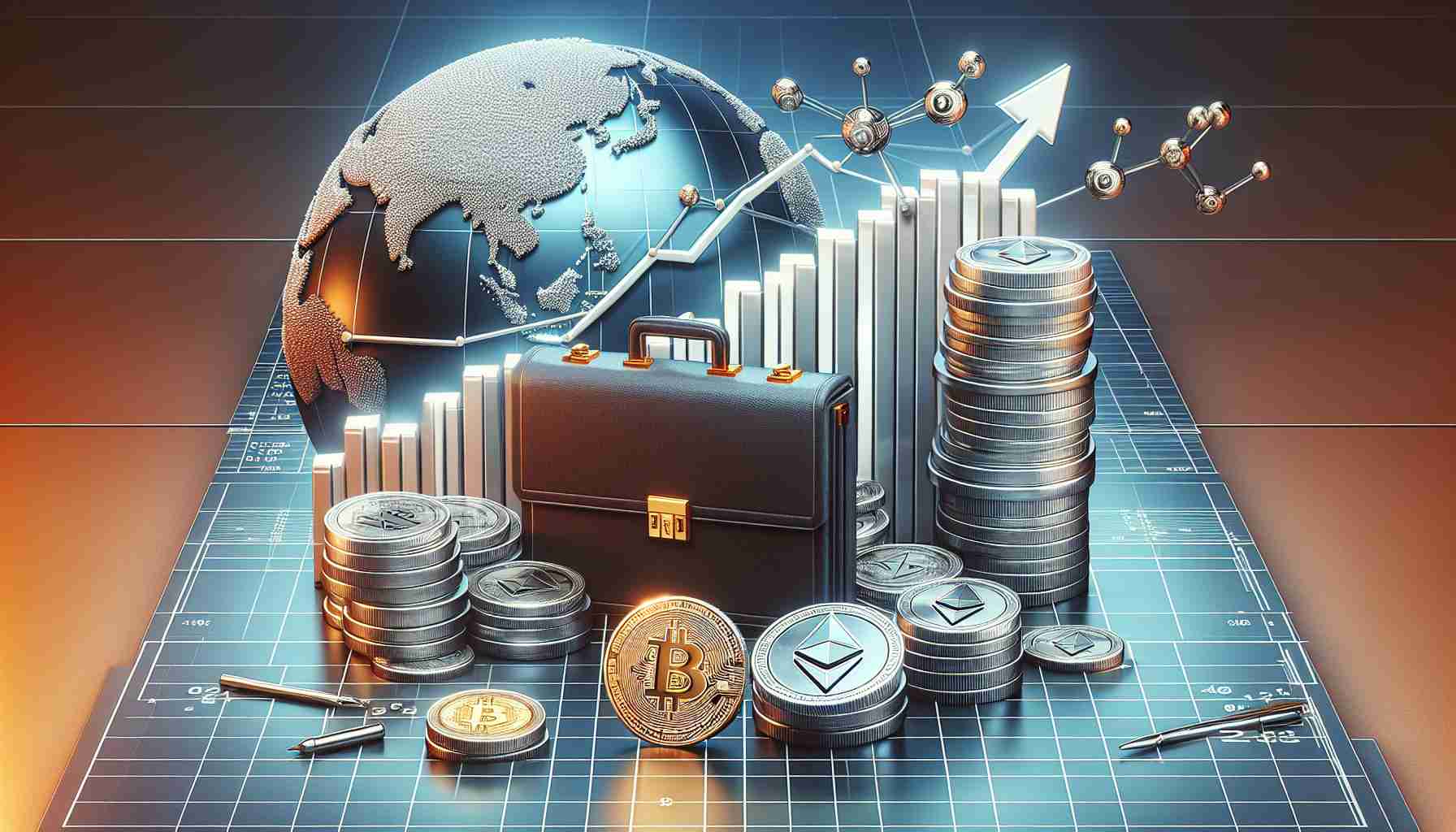 Create a detailed, high-definition representation of the growing institutional interest in crypto assets. This can be represented by a graph showing an upward trend of investments in cryptocurrencies by financial institutions, embellished by symbolic elements like silver and golden coins inscribed with the Bitcoin and Ethereum logos, briefcases to symbolize the institutions, and potentially a globe to signify the worldwide impact.