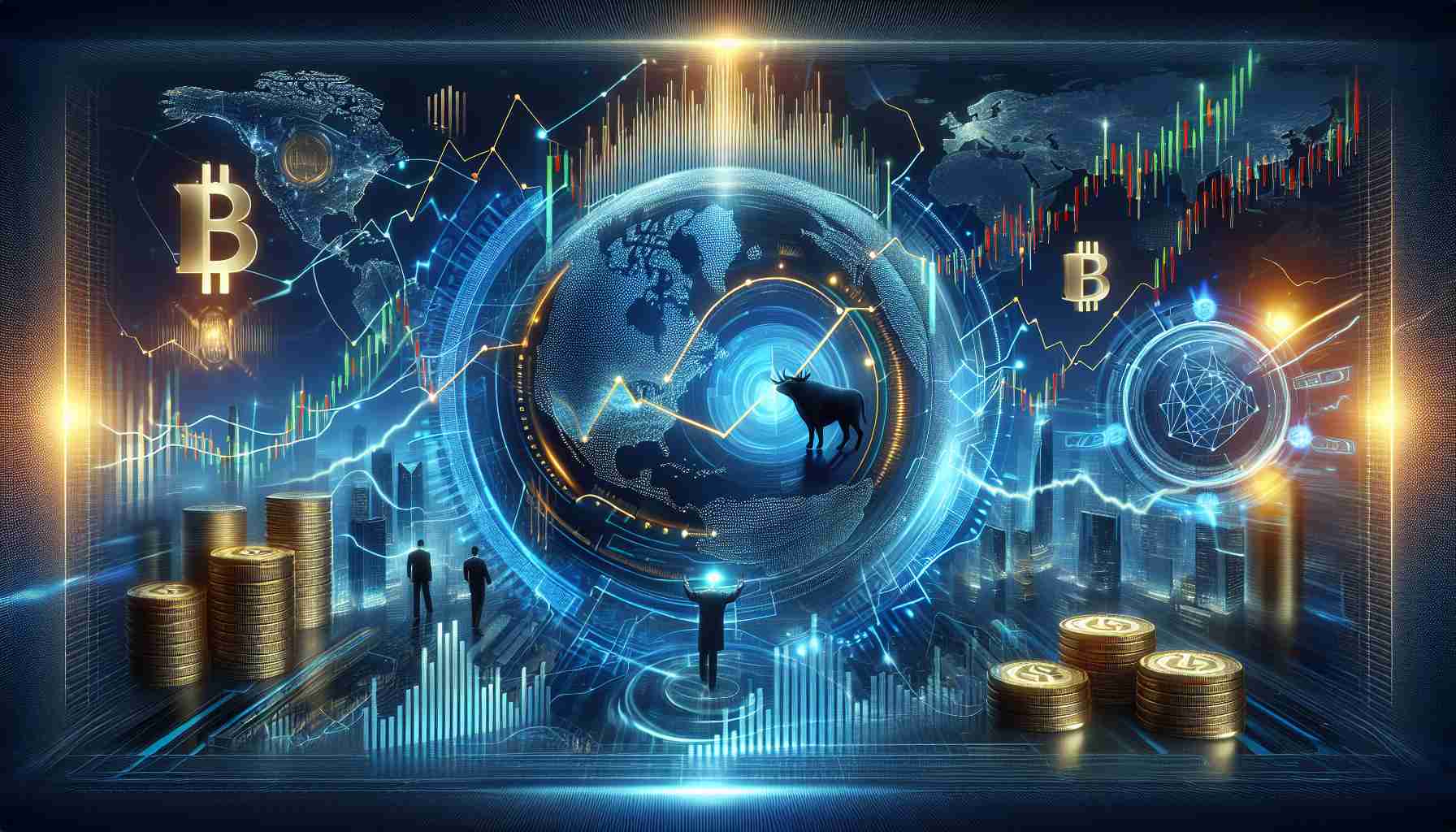 Generate a high-definition, realistic visual representation of the concept of the NEAR Protocol demonstrating a positive trend even as economic market indicators move in contrasting directions. The key catalyst for this bullish trajectory is the integration of Artificial Intelligence technology. Please visualize these elements in an image that conveys finance, blockchain technology, and the influence of AI.