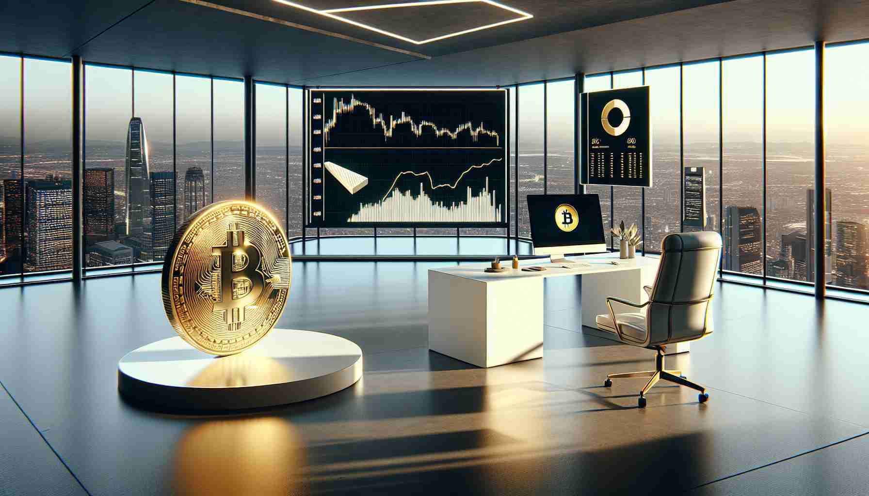 A high-definition, photorealistic depiction of the symbolic representation of Germany selling off a fraction of its Bitcoin treasury. Picture a sleek, modern office with towering floor-to-ceiling windows that overlook the cityscape. Centered in the room is a minimalist white desk with a state-of-the-art computer displaying cryptocurrency charts. On the screen, a line graph represents Bitcoin's value decreasing slightly. Nearby is a gold coin emblematic of Bitcoin, with a piece sliced off like a pie chart, representing the fraction sold off. The ambient lighting suggests serious financial decisions being made, reflecting the gravity of the situation.