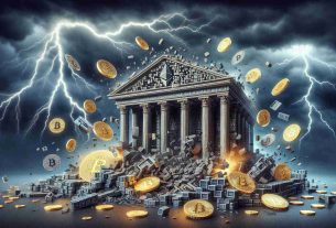 Realistic high-definition image representation of the metaphorical downfall of a cryptocurrency empire, visualized as a grand palace crafted from elements representative of digital currencies like Bitcoin and Ethereum, collapsing into ruins under a dark, stormy sky with dramatic lightning. Cracked coins, pixelated debris, and scrambled code fragments are strewn across the foreground for an added touch of chaos.