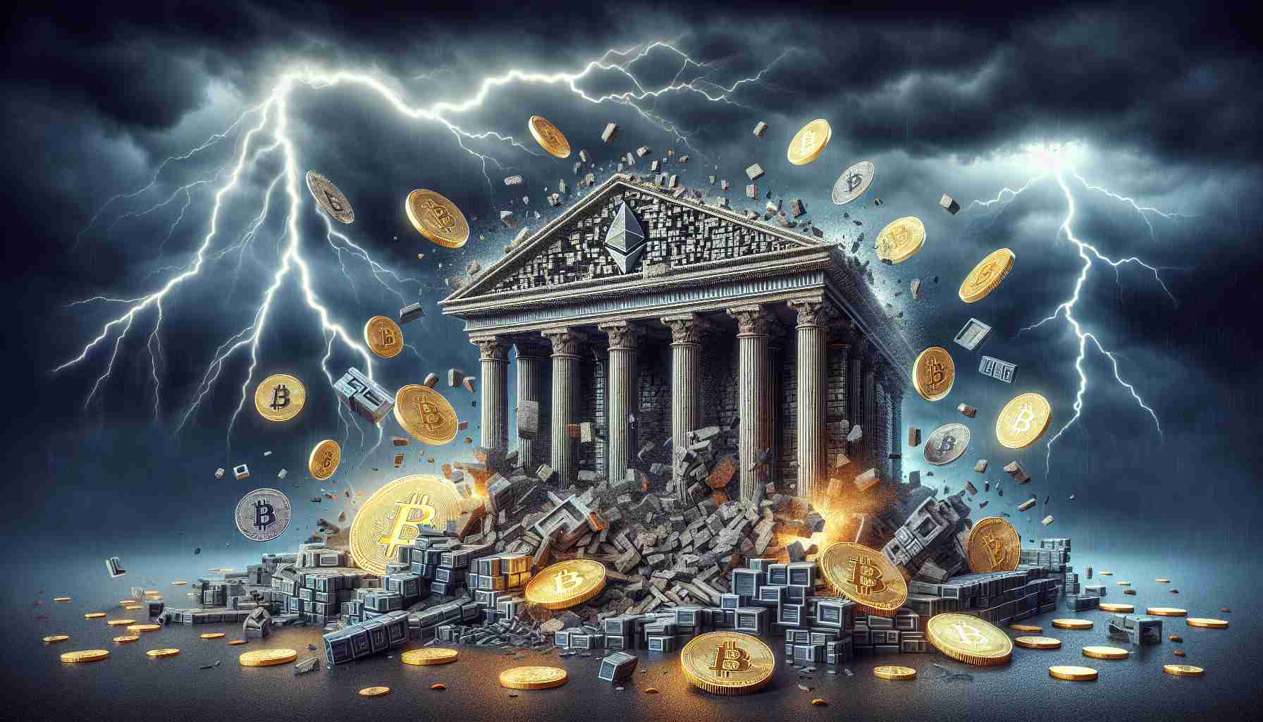 Realistic high-definition image representation of the metaphorical downfall of a cryptocurrency empire, visualized as a grand palace crafted from elements representative of digital currencies like Bitcoin and Ethereum, collapsing into ruins under a dark, stormy sky with dramatic lightning. Cracked coins, pixelated debris, and scrambled code fragments are strewn across the foreground for an added touch of chaos.