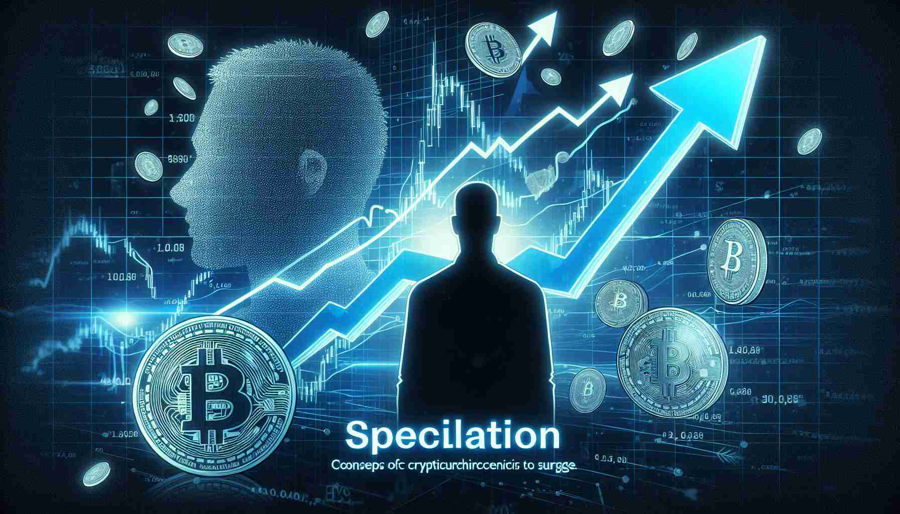 An HD illustration depicting the concept of speculation causing cryptocurrencies to surge. The backdrop consists of a silhouette of a public figure illustrating a sense of association, alongside soaring arrows and digital coins. The word 'speculation' is prominently featured, illustrating the driving force behind the surge.