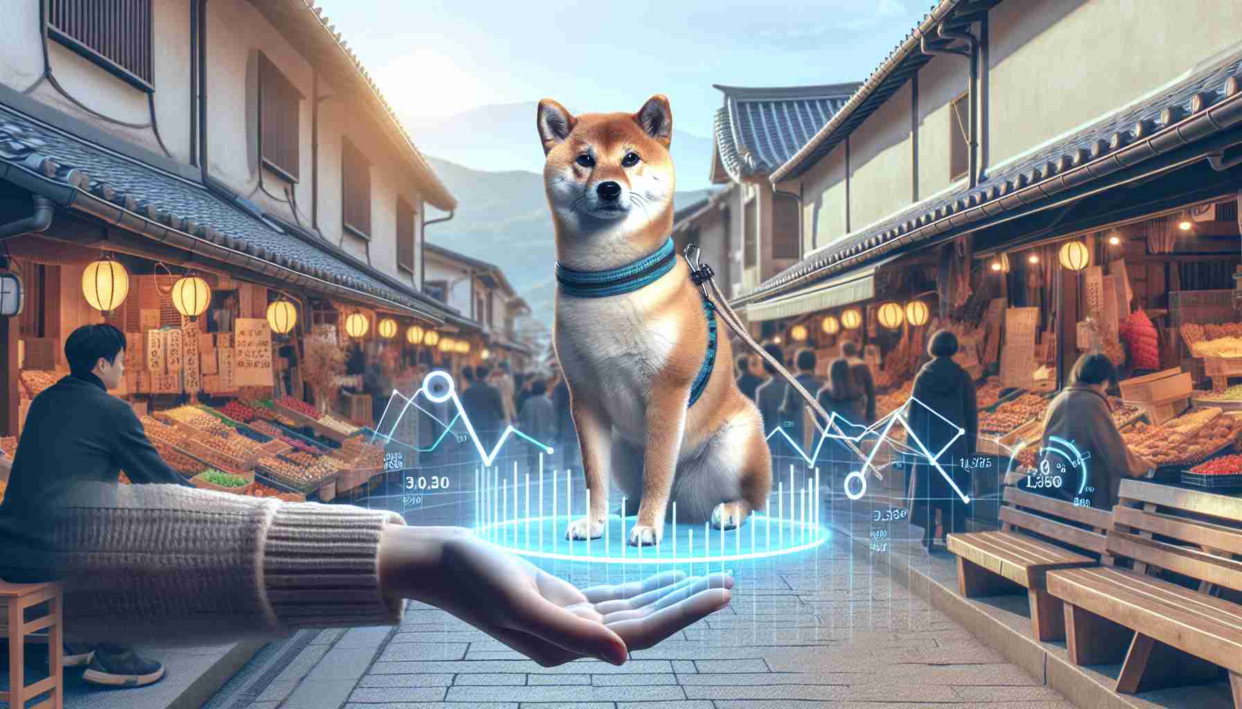 Generate a realistic HD image of a Shiba Inu dog with a holographic display projection in front of it showing a graph with a rising line, symbolizing a daily burn rate. The backdrop should depict a serene marketplace with people trying to go about their day-to-day activities in a slightly subdued manner.