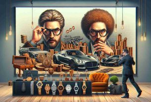 Generate a highly realistic and high-definition image featuring a scene where creditors pursue the confiscated possessions of a former cryptocurrency exchange CEO, who has distinctive curly hair and glasses. Picture a setting with various high-value items, including luxury cars, expensive watches, and elegant furniture.