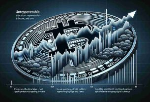 Create an illustrative chart in high-definition, showing a realistic visual representation of bitcoin's market sentiment with oscillating highs and lows. Include an unpredictable sentiment pattern specifically displaying increasing highs in the chart. The metaphorical representation should not anthropomorphize the Bitcoin but rather portray it as a digital currency. Ensure to portray a sense of modernity, complexity and precision in the image.