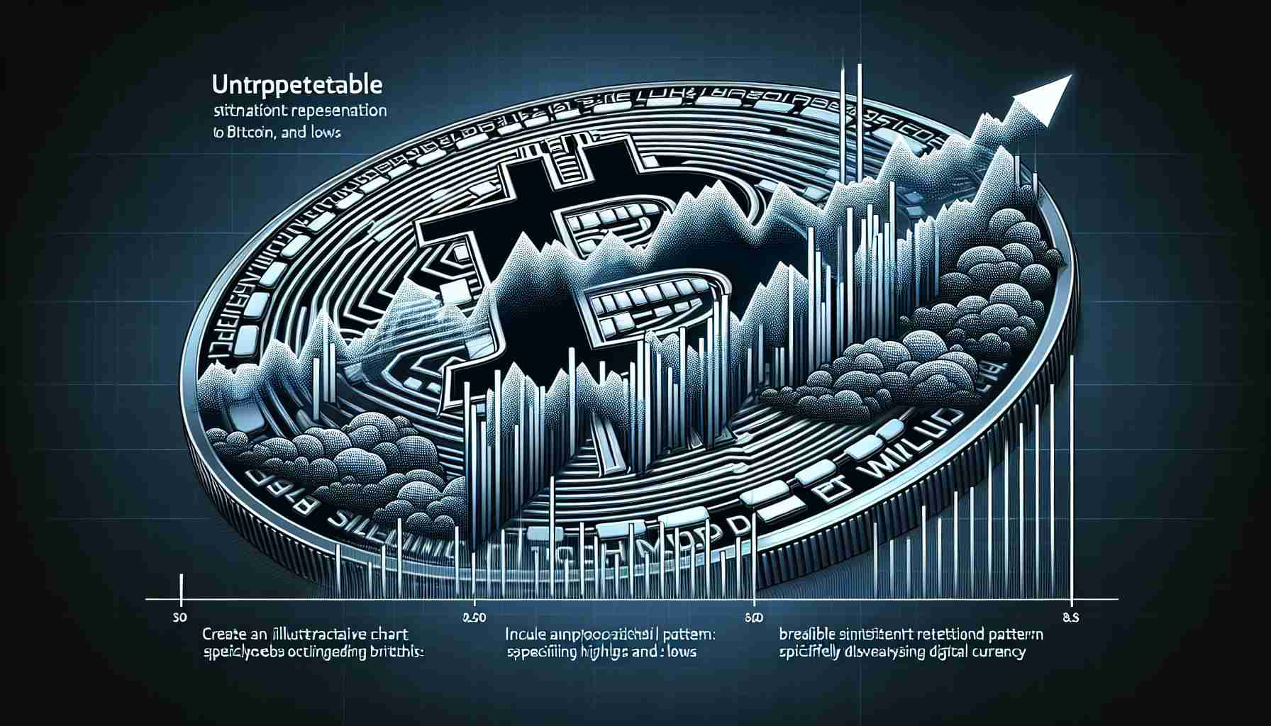 Create an illustrative chart in high-definition, showing a realistic visual representation of bitcoin's market sentiment with oscillating highs and lows. Include an unpredictable sentiment pattern specifically displaying increasing highs in the chart. The metaphorical representation should not anthropomorphize the Bitcoin but rather portray it as a digital currency. Ensure to portray a sense of modernity, complexity and precision in the image.