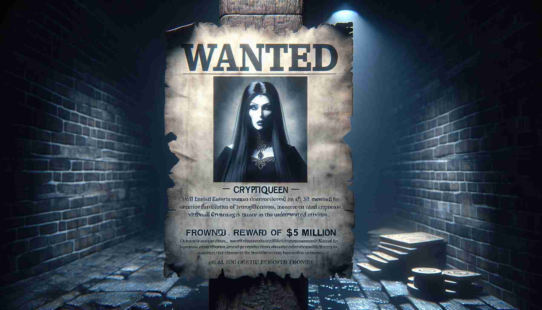 High definition, realistic image of a wanted poster offering a reward of $5 million. The poster pertains to a notional figure, modeled after a Middle Eastern woman with long, dark hair known in the underworld as the 'Cryptoqueen'. This elusive, fictional persona is wanted for operating fraudulent activities in the world of virtual currencies. The setting is murky, full of shadows and mysteries, radiating an air of danger and intrigue. Annotations on the poster should indicate accusations of fraud and a quest for justice.