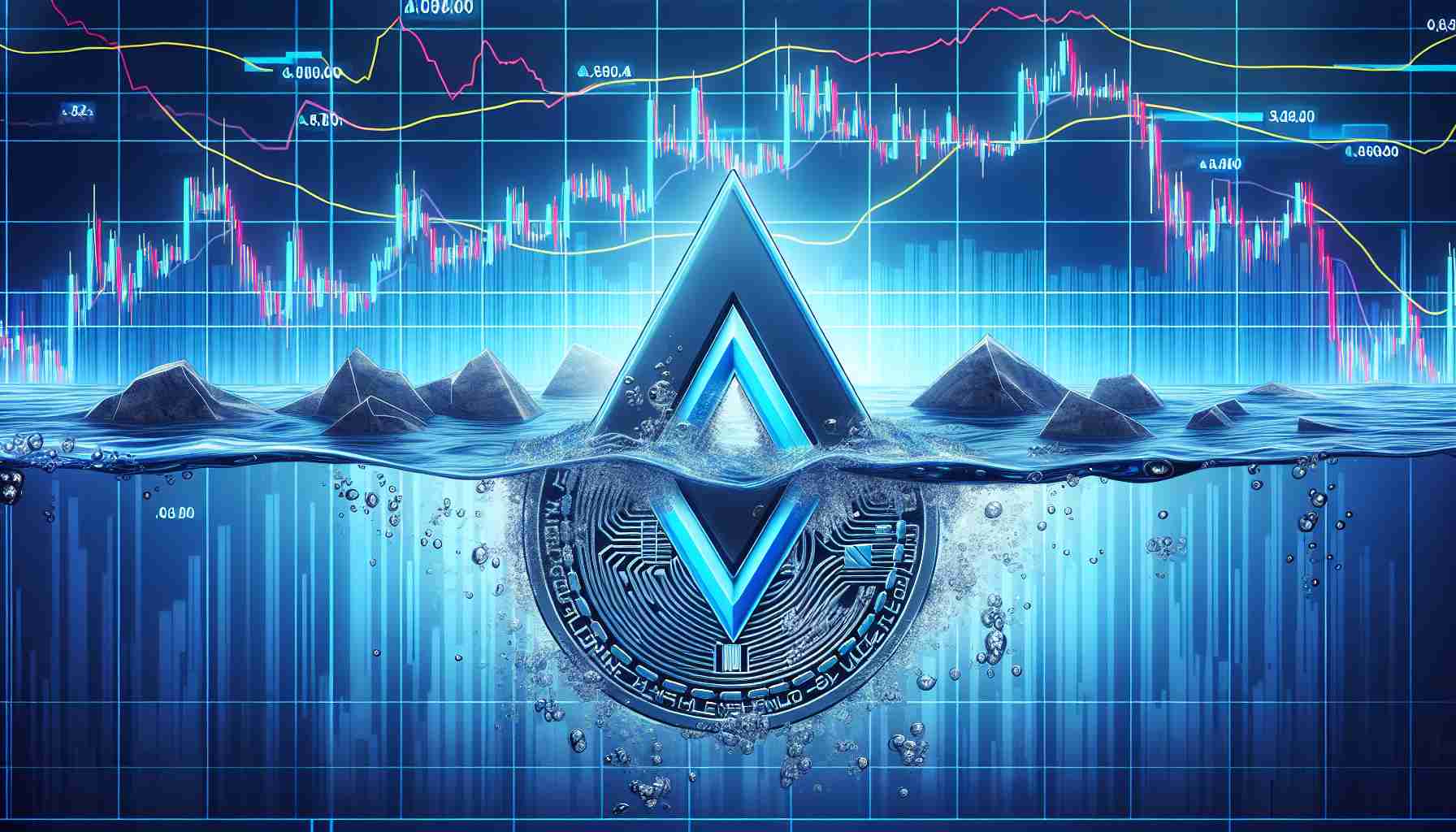 High-definition digital design of Avalanche cryptocurrency symbol under water, representing a significant decline in value. Include financial charts and graphs in the background showcasing the drastic sell-off event. Please refrain from including any specific currency values or dates on the charts.