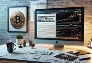 A high definition, realistic image of a financial report headline stating 'MicroStrategy Expands Bitcoin Portfolio with $500 Million Fundraising'. The setting includes a sleek modern office, with a computer displaying a live bitcoin trading platform on the screen. Next to it, a print of the headline and a cup of coffee. Papers with financial data are strewn about the table, and a framed picture of a bitcoin coin is seen in the background.