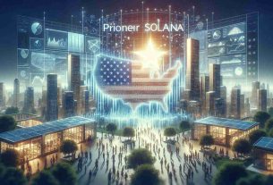 Create a realistic, high-definition illustration embodying the concept of VanEck seeking to launch a pioneer Solana Exchange Traded Fund (ETF) in the United States. Perhaps show a symbolic interpretation using imagery such as a futuristic city representing the US with prominent infrastructure signifying financial markets. Somewhere in the image, incorporate a bright star or celestial object, symbolizing the new 'pioneer' Solana ETF. To emphasize thriving financial activity, include bustling crowds and dynamic displays of data and charts.