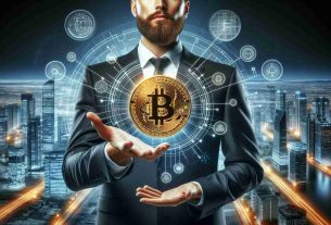 Realistic HD image of a prominent technology entrepreneur in a business suit, holding a golden token with the Bitcoin symbol on it. The background is a futuristic cityscape conveying the concept of a grand future for cryptocurrency.